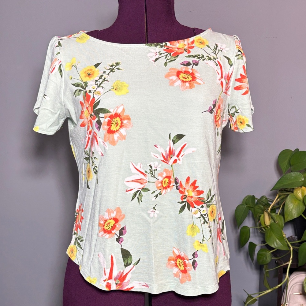 Ann Taylor Floral Short Sleeve Top - Green, Orange, Yellow